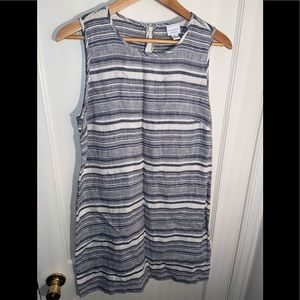 ✨KENAR 100% LINEN NAUTICAL BLUE STRIPED KNEE LENGTH SUMMER BOHO DRESS SI…